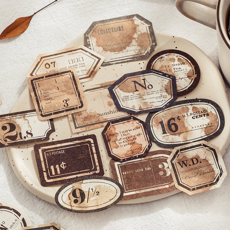 65pcs Coffee Stain Material Paper Pack | Retro Vintage Junk Journal Kit | Lable Memo Background Paper | Journaling Scrapbooking Supplies