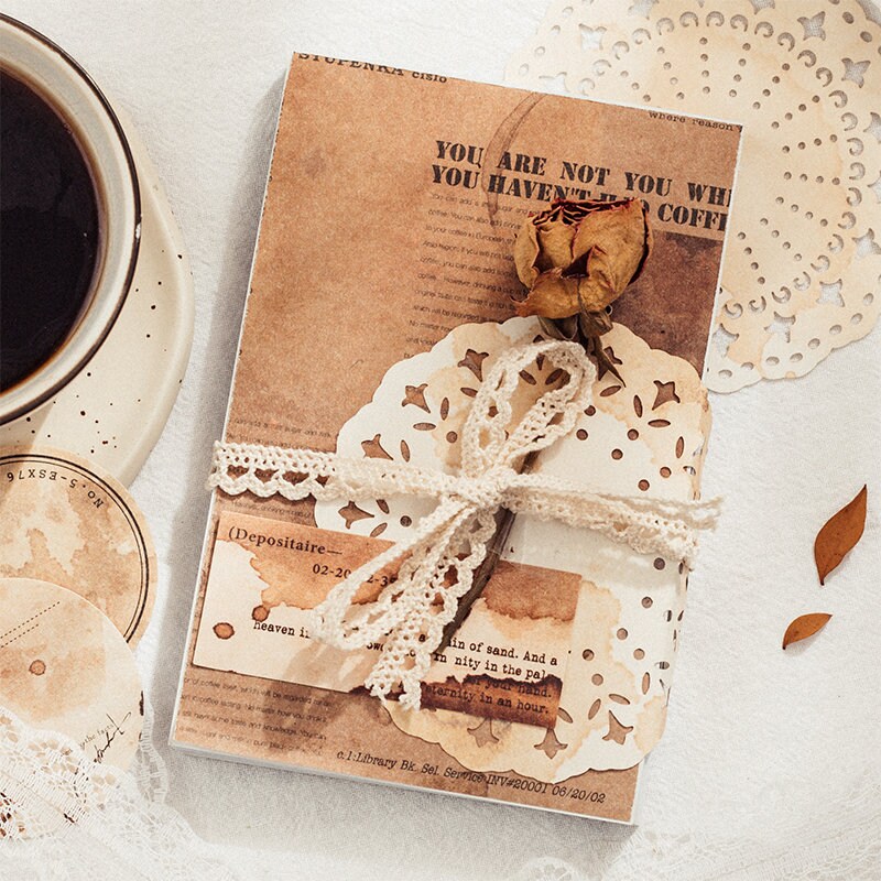 65pcs Coffee Stain Material Paper Pack | Retro Vintage Junk Journal Kit | Lable Memo Background Paper | Journaling Scrapbooking Supplies