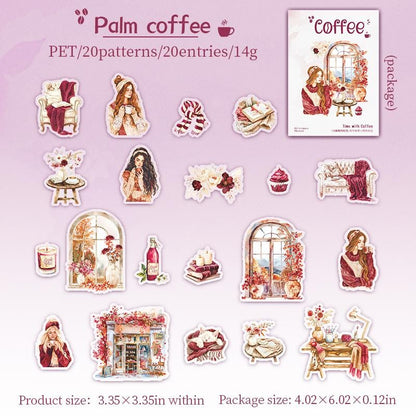 20pcs Watercolor Coffee Girl Sticker Pack |  Cute Decorative Planner Stickers | Scrapbooking Collage Junk Journal Album Sticker Supplies