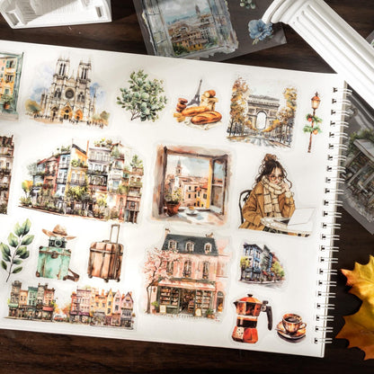 18 Sheets Character Sticker Book | Coffee Travel House Girl Flower Stickers for Journal Collage | Junk Journal Journaling DIY Kit Supplies