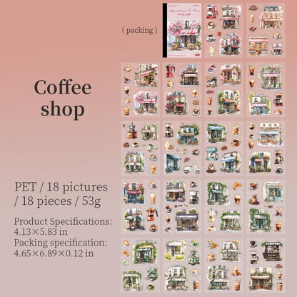 18 Sheets Character Sticker Book | Coffee Travel House Girl Flower Stickers for Journal Collage | Junk Journal Journaling DIY Kit Supplies
