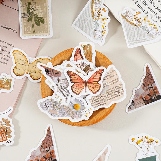 46pcs Retro Flower Butterfly Sticker Pack | Junk Journal Stickers | Essential for Planners Bujo | Kids Scrapbooking and Craft Supplies