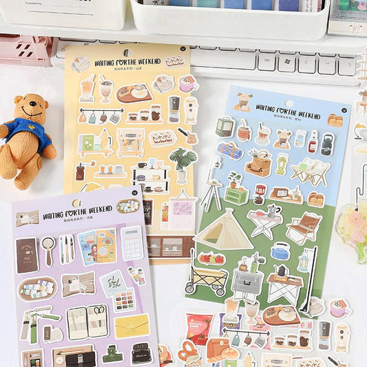 Waiting Weekend Cute Daily Life Sticker | Cafe Warm Room Desk Picnic Food Camping Decorative Stickers | Planner Journal Collage DIY Supplies