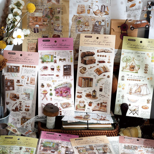Retro Coffee Time Stickers | Reading Time Sticker Pack | Planner Sticker Set | Junk Journal Vintage Journaling Scrapbooking Collage Kit