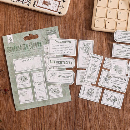 Retro Sticker Label Pack | Small Words Plant Butterfly Stickers | Vintage Journal Scrapbooking Collage Crafting Supplies | Planner Sticker