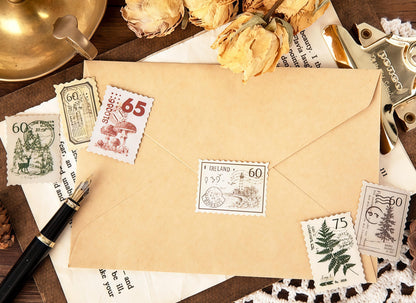 45pcs Retro Nature Stamp Sticker Pack | Forest Mountain Tree Mushroom Travel Stickers | Planner Junk Journal Stickers Supplies