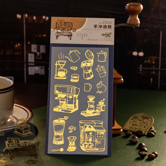 Retro Gold Foiled Coffee Stickers | Coffe Bread Stickers | Journal Sticker Set | Coffee Plant Junk Journal Stickers | Scrapbooking Supplies
