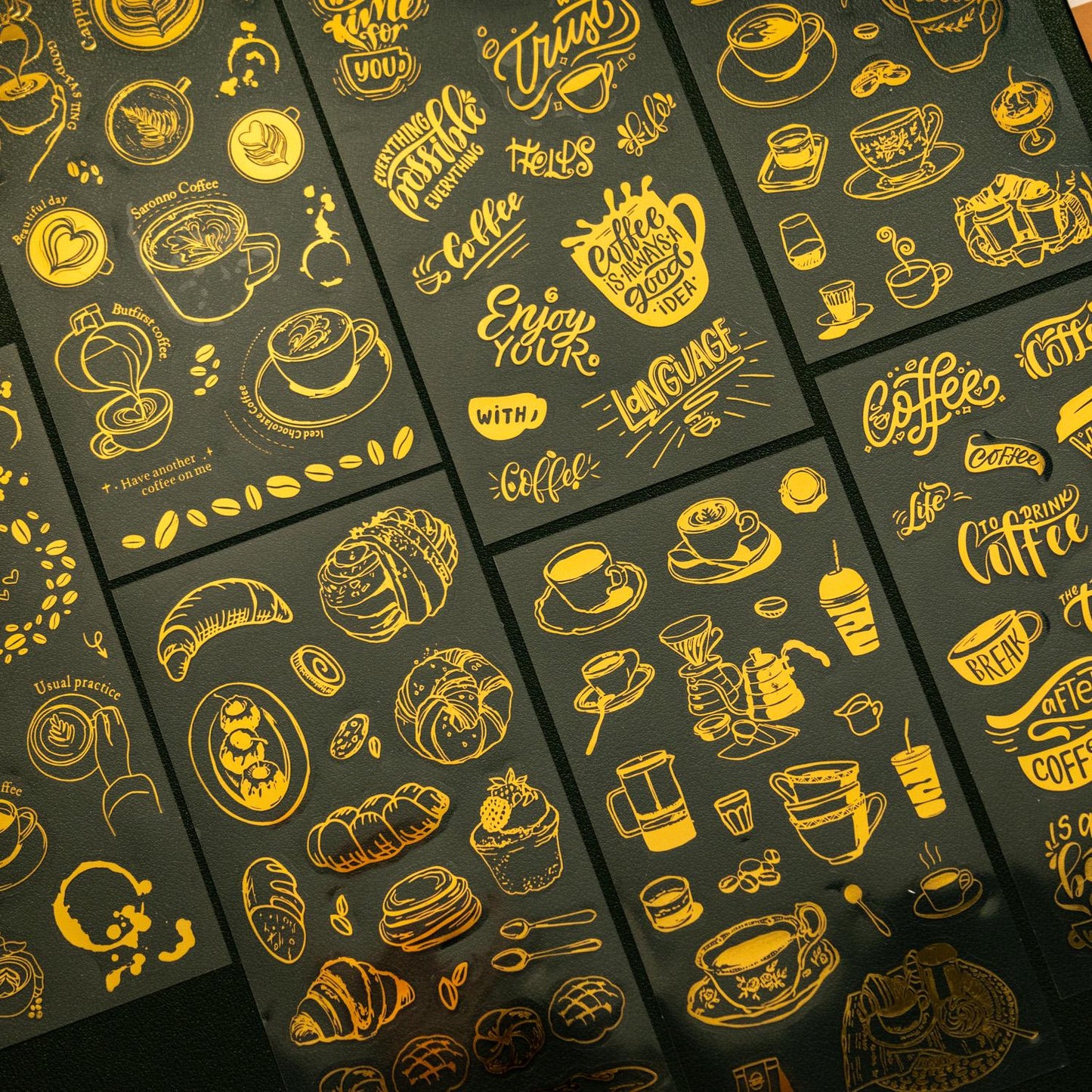 Retro Gold Foiled Coffee Stickers | Coffe Bread Stickers | Journal Sticker Set | Coffee Plant Junk Journal Stickers | Scrapbooking Supplies
