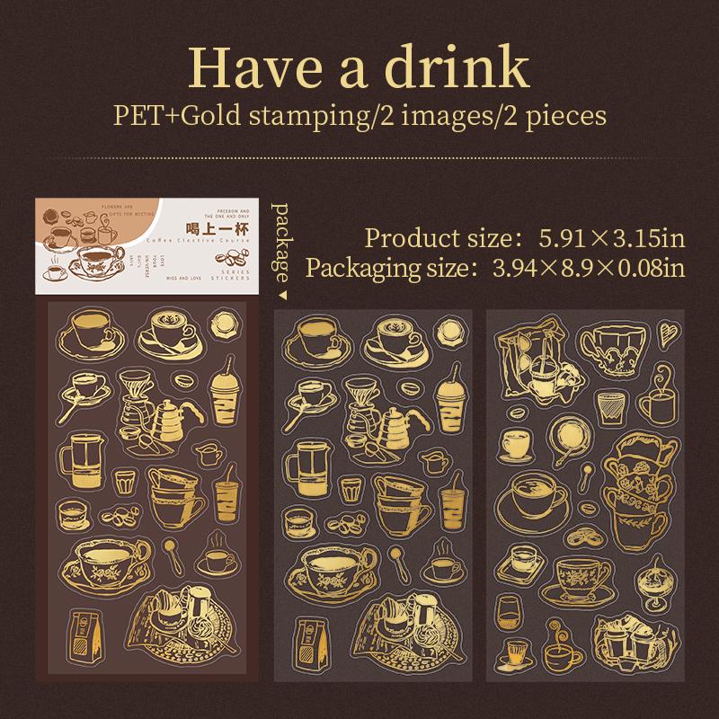 Retro Gold Foiled Coffee Stickers | Coffe Bread Stickers | Journal Sticker Set | Coffee Plant Junk Journal Stickers | Scrapbooking Supplies