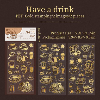 Retro Gold Foiled Coffee Stickers | Coffe Bread Stickers | Journal Sticker Set | Coffee Plant Junk Journal Stickers | Scrapbooking Supplies
