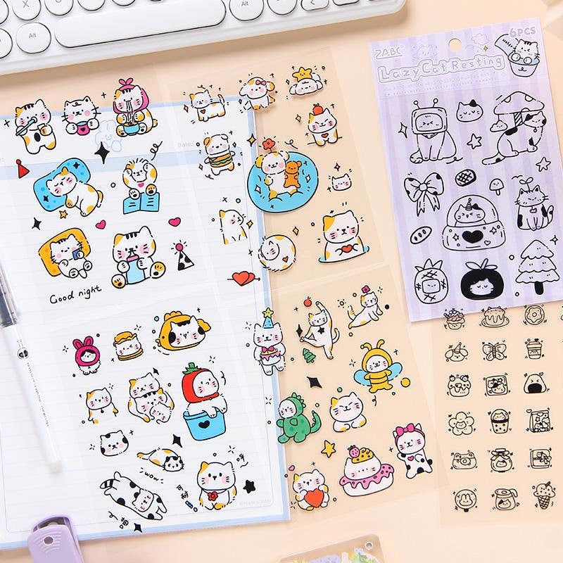 6 Sheets Cute Cat Stickers | Kitten Stickers | Kawaii Animal Planner Stickers Junk Journal Scrapbooking Supplies