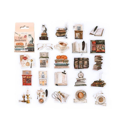 46pcs Cute Cat and Bookstore Sticker Pack / Junk Journal Stickers / Planner Sticker Set / Scrapbooking Kids Craft Supplies