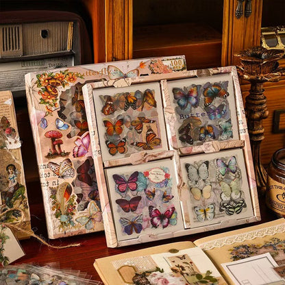 100 Sheets Vintage Butterfly and Flower Stickers Gift Set | Planner Sticker Kit |  Junk Vintage Journal Collage Kit Scrapbooking Supplies