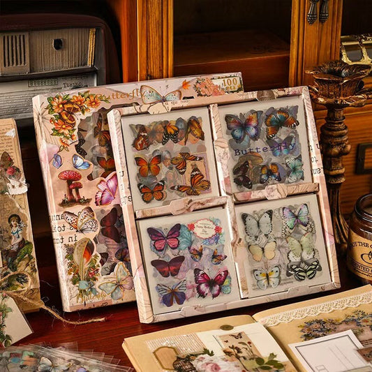 100 Sheets Vintage Butterfly and Flower Stickers Gift Set | Planner Sticker Kit |  Junk Vintage Journal Collage Kit Scrapbooking Supplies