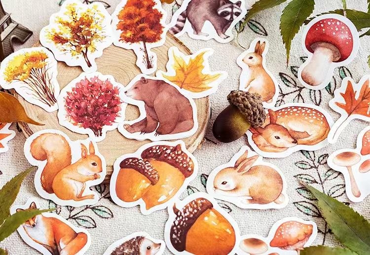 46pcs Cute Forest Autumn Animal Sticker Pack | Junk Journal Stickers |  Essential for Planners, Bujo,Kids Scrapbooking and Craft Supplies