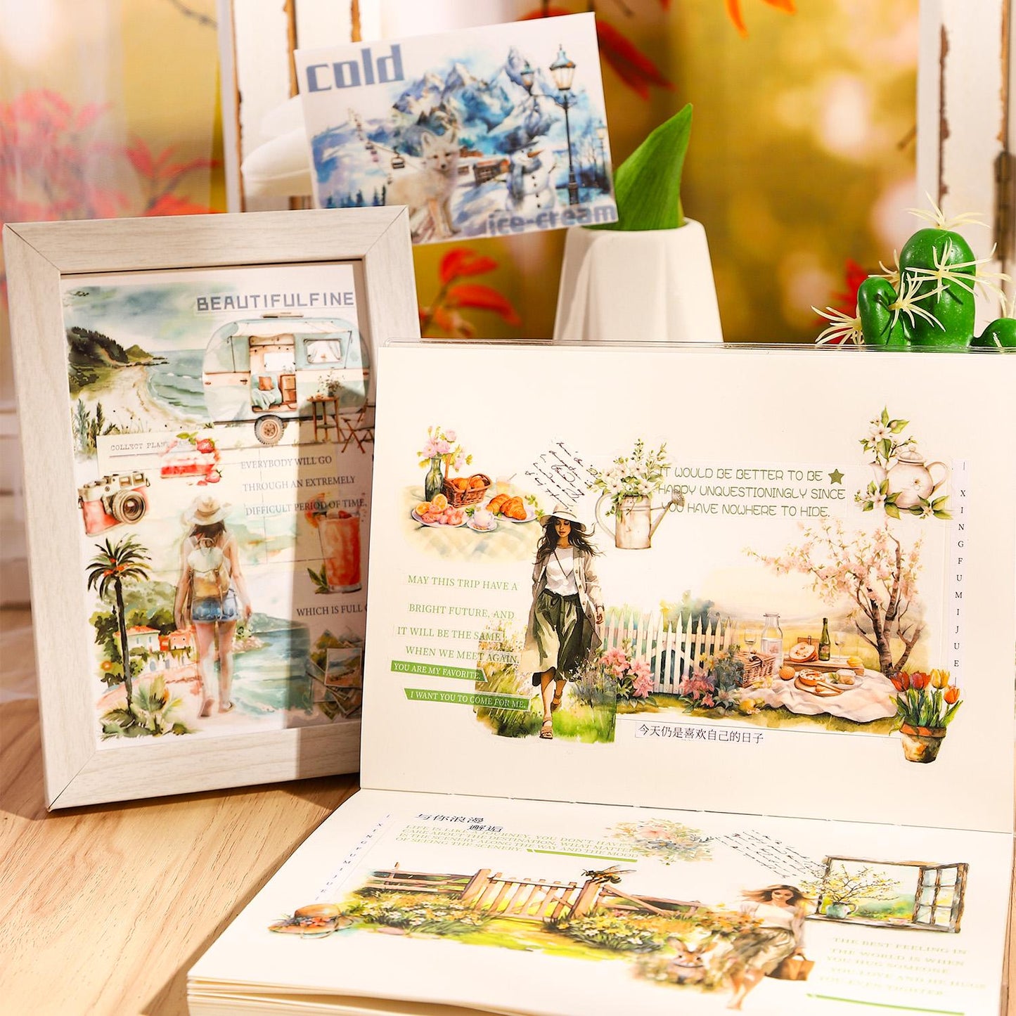20 Sheets Four Seasons Journey Sticker Book | Girls and Scenery Sticker Book | Planner Stickers for Junk Journal Scrapbooking Projects