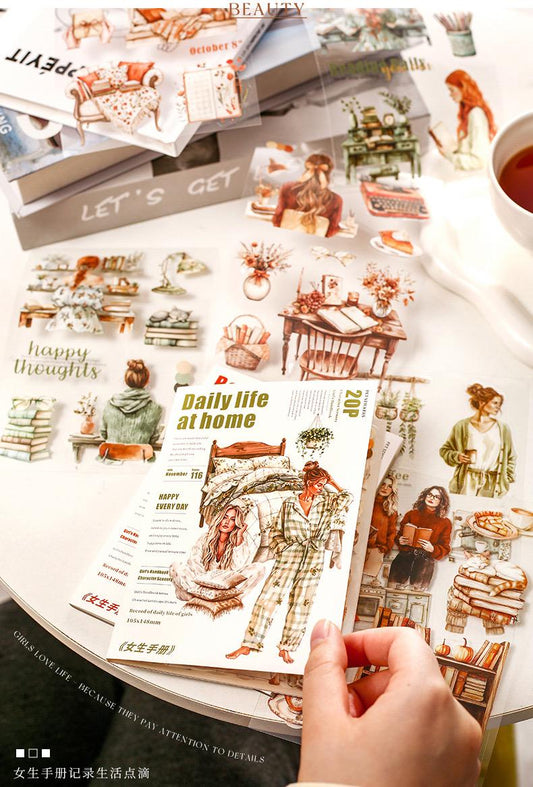 20 Sheets Character Girl's Life Coffee Reading Aesthetic Sticker Book｜Planner Junk Journal Decorative Stickers Scrapbooking Collage Supplies