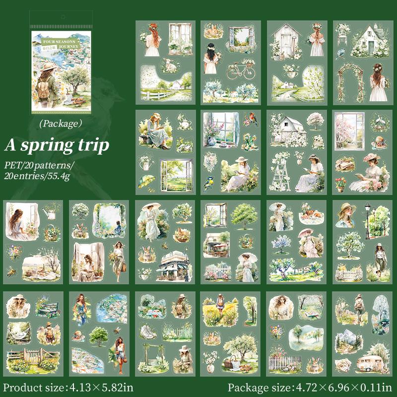 20 Sheets Four Seasons Journey Sticker Book | Girls and Scenery Sticker Book | Planner Stickers for Junk Journal Scrapbooking Projects