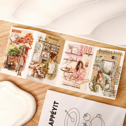 20 Sheets Character Girl's Life Coffee Reading Aesthetic Sticker Book｜Planner Junk Journal Decorative Stickers Scrapbooking Collage Supplies