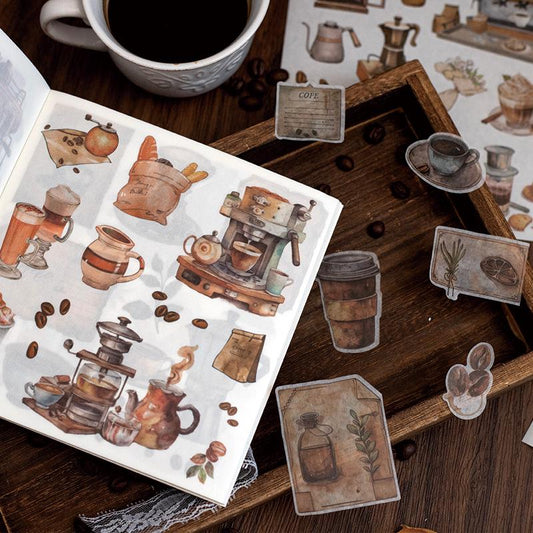 50 Sheets Watercolor Thick Sticker Book | Coffee Nature Landscape Travel Girls Stickers | PLanner Junk Journal Starter | Scrapbooking Craft