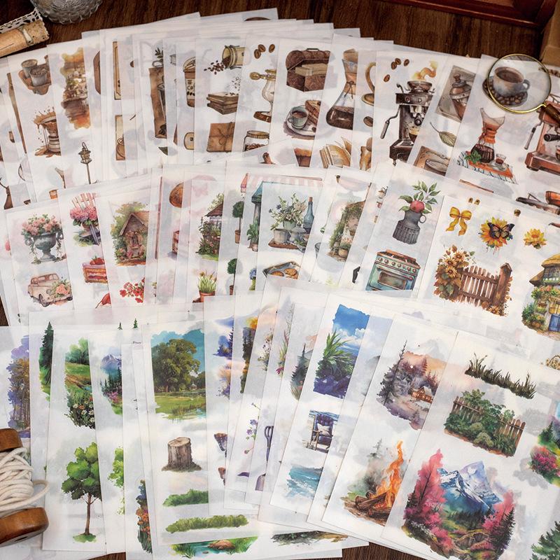 50 Sheets Watercolor Thick Sticker Book | Coffee Nature Landscape Travel Girls Stickers | PLanner Junk Journal Starter | Scrapbooking Craft