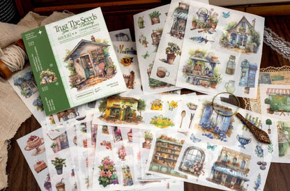 50 Sheets Watercolor Thick Sticker Book | Coffee Nature Landscape Travel Girls Stickers | PLanner Junk Journal Starter | Scrapbooking Craft
