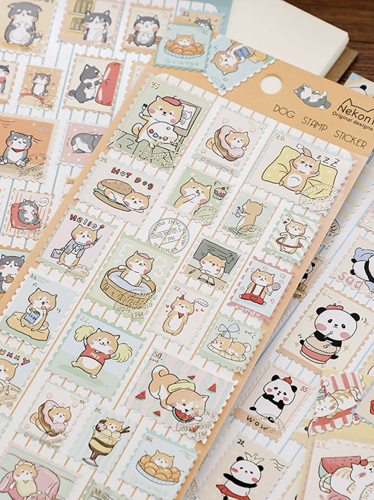Nekoni Korean Cute Cat Dog Panda Stamp Stickers | Kawaii Animal Planner Stickers | Junk Journal Scrapbooking Collage Supplies