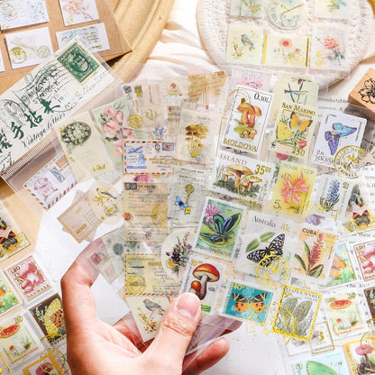 Vintage Nature Stamp PET Stickers | Retro Flower Plant Butterfly Letter Planner Stickers | Junk Journal Scrapbooking Collage Supplies
