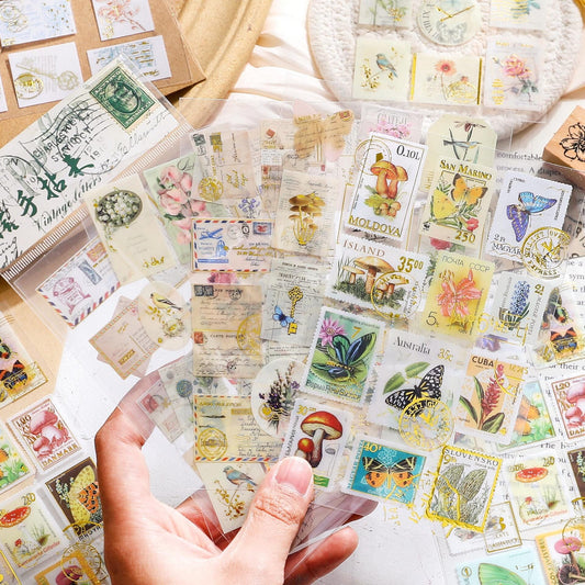Vintage Nature Stamp PET Stickers | Retro Flower Plant Butterfly Letter Planner Stickers | Junk Journal Scrapbooking Collage Supplies