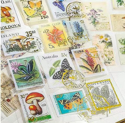 Vintage Nature Stamp PET Stickers | Retro Flower Plant Butterfly Letter Planner Stickers | Junk Journal Scrapbooking Collage Supplies