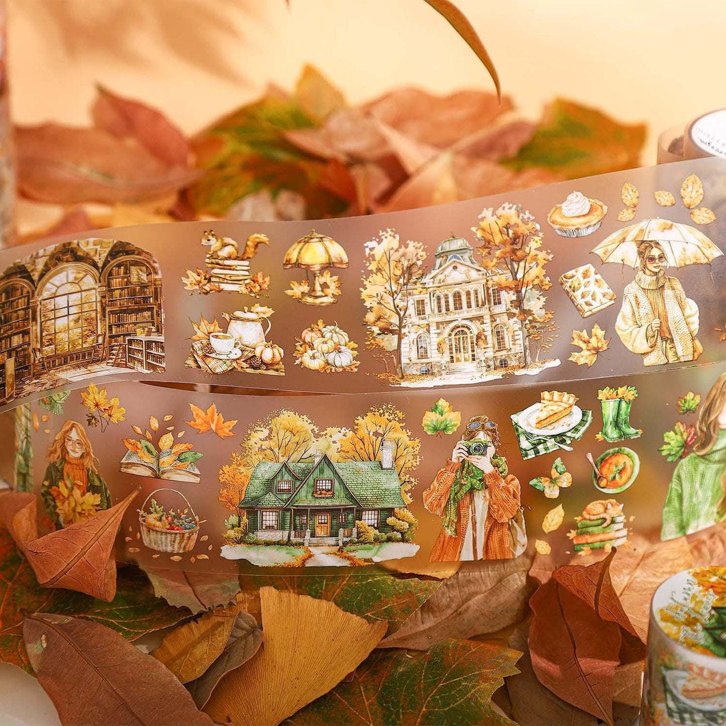 Cozy Autumn Leaves and Girls Tape | Autumn Scenery Reading Books PET Tape | Junk Journal Collage Stickers Supplies | Decorative Tapes