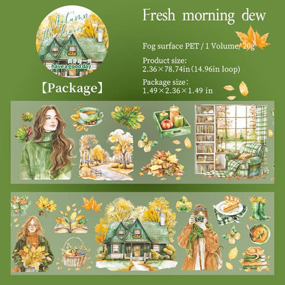 Cozy Autumn Leaves and Girls Tape | Autumn Scenery Reading Books PET Tape | Junk Journal Collage Stickers Supplies | Decorative Tapes