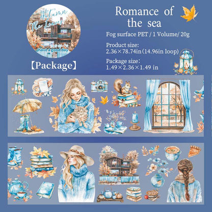 Cozy Autumn Leaves and Girls Tape | Autumn Scenery Reading Books PET Tape | Junk Journal Collage Stickers Supplies | Decorative Tapes