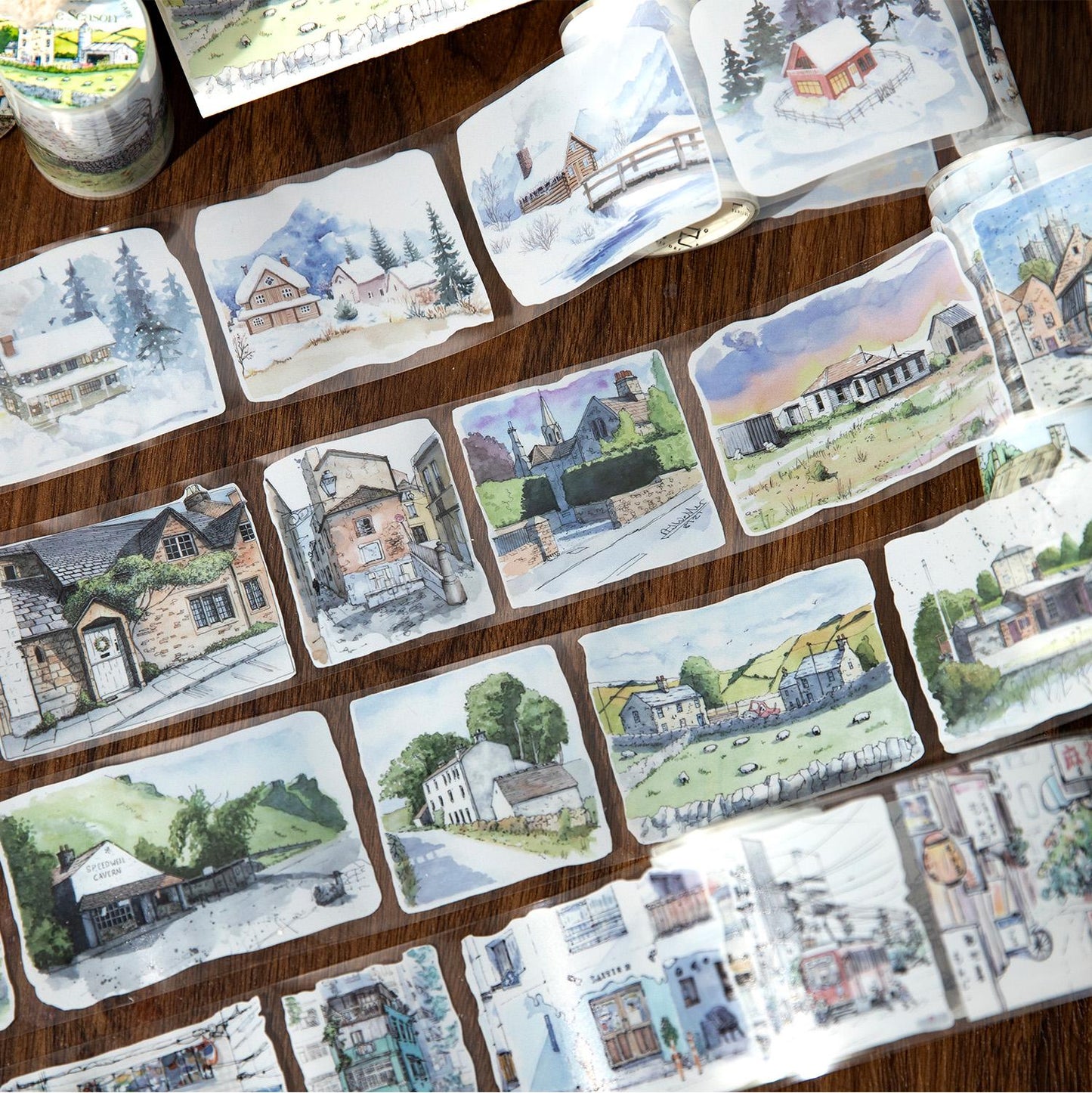 Ins Beautiful Scenery House and Four Seasons Tape | Street Building Countryside Snow Village Washi tape | Washi Tape Roll | Gift Wrapping
