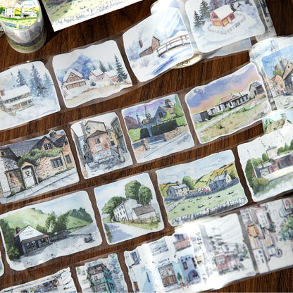 Ins Beautiful Scenery House and Four Seasons Tape | Street Building Countryside Snow Village Washi tape | Washi Tape Roll | Gift Wrapping