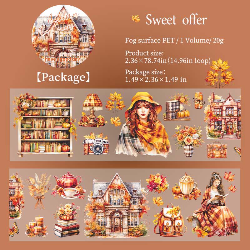 Cozy Autumn Leaves and Girls Tape | Autumn Scenery Reading Books PET Tape | Junk Journal Collage Stickers Supplies | Decorative Tapes