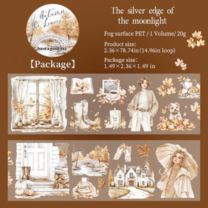 Cozy Autumn Leaves and Girls Tape | Autumn Scenery Reading Books PET Tape | Junk Journal Collage Stickers Supplies | Decorative Tapes