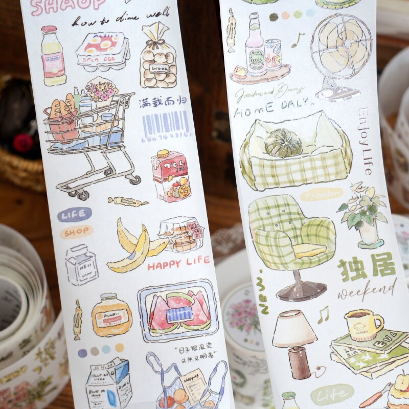 Hand-drawn Washi Tape | Coffee Home Shopping Grocery Flowers | Planner Journal Deco Stickers  | Craft Scrapbooking Bullet Journal Supplies