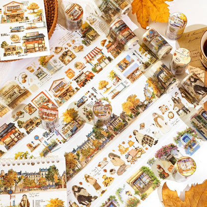 Autumn Streetscape PET Tape | Autumn Scenery Coffee Girls PET Tape | Junk Journal Collage Planner Stickers Supplies | Decorative Tapes