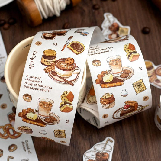 Handdrawn Coffee Dessert Girl  Washi Tape |  Coffee Lover Decorative Tape | Collage Planner Junk Journal Album Scrapbooking Sticker Supplies