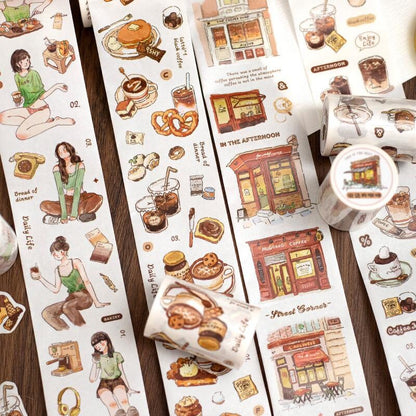 Handdrawn Coffee Dessert Girl  Washi Tape |  Coffee Lover Decorative Tape | Collage Planner Junk Journal Album Scrapbooking Sticker Supplies