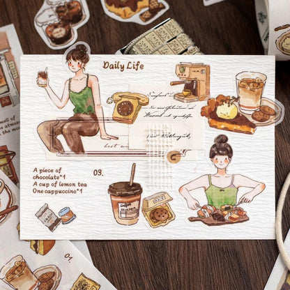 Handdrawn Coffee Dessert Girl  Washi Tape |  Coffee Lover Decorative Tape | Collage Planner Junk Journal Album Scrapbooking Sticker Supplies