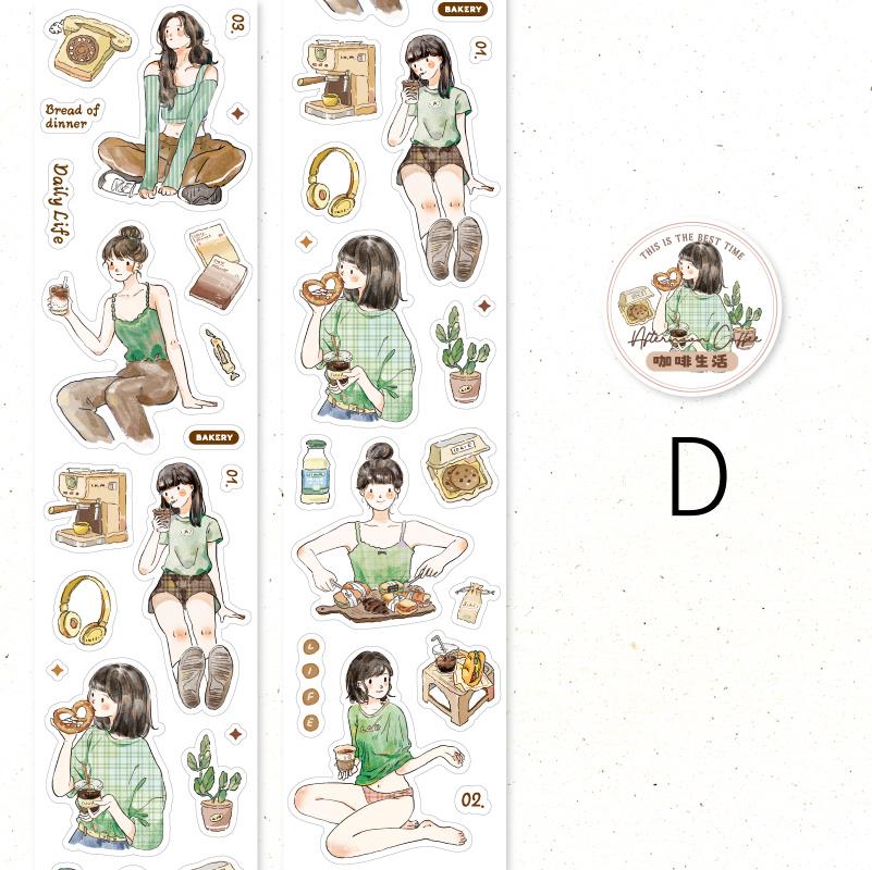 Handdrawn Coffee Dessert Girl  Washi Tape |  Coffee Lover Decorative Tape | Collage Planner Junk Journal Album Scrapbooking Sticker Supplies