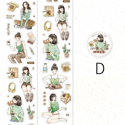 Handdrawn Coffee Dessert Girl  Washi Tape |  Coffee Lover Decorative Tape | Collage Planner Junk Journal Album Scrapbooking Sticker Supplies