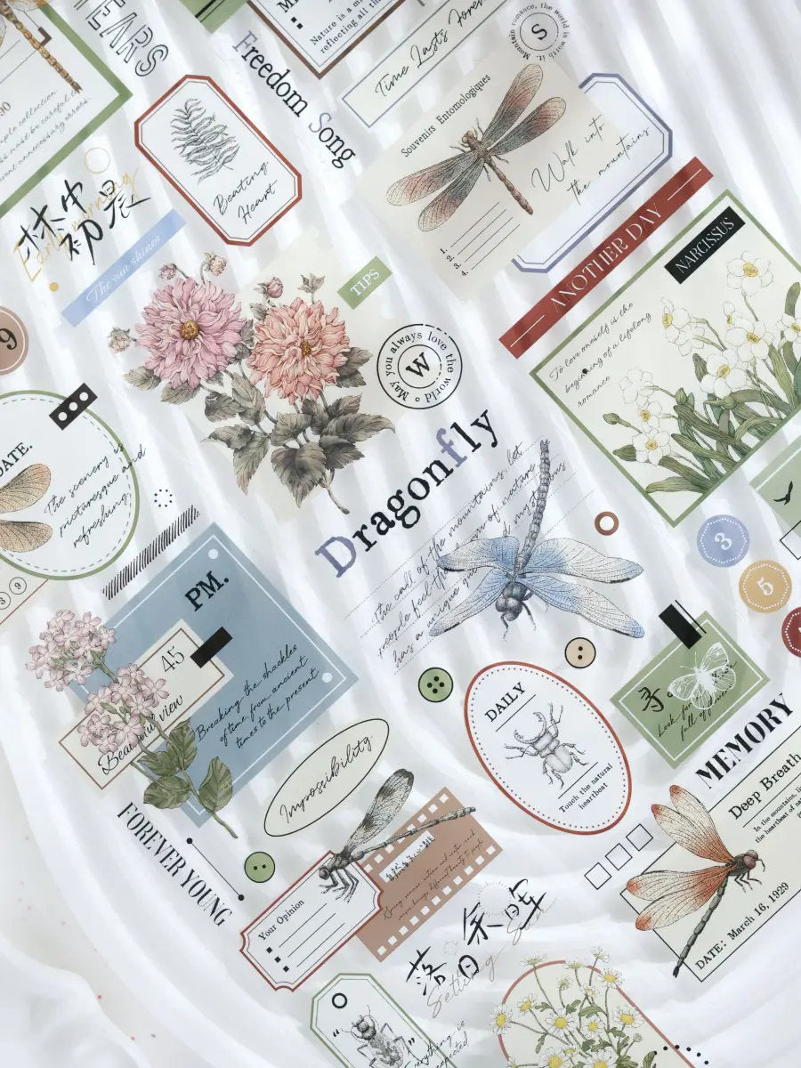 Retro Dragonfly Flower Collage PET Tape | Washi Tape | Decorative Tapes Stickers | Planner Junk Journal Craft Collage Scrapbooking Supplies