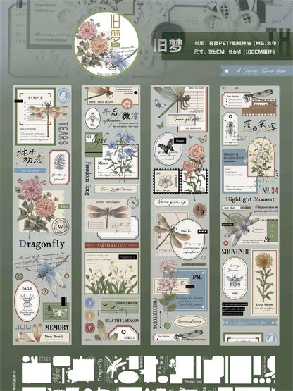 Retro Dragonfly Flower Collage PET Tape | Washi Tape | Decorative Tapes Stickers | Planner Junk Journal Craft Collage Scrapbooking Supplies