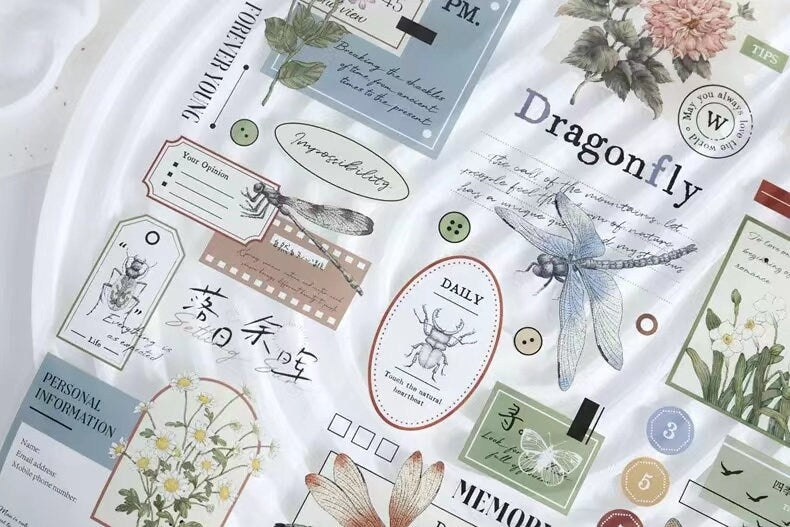 Retro Dragonfly Flower Collage PET Tape | Washi Tape | Decorative Tapes Stickers | Planner Junk Journal Craft Collage Scrapbooking Supplies