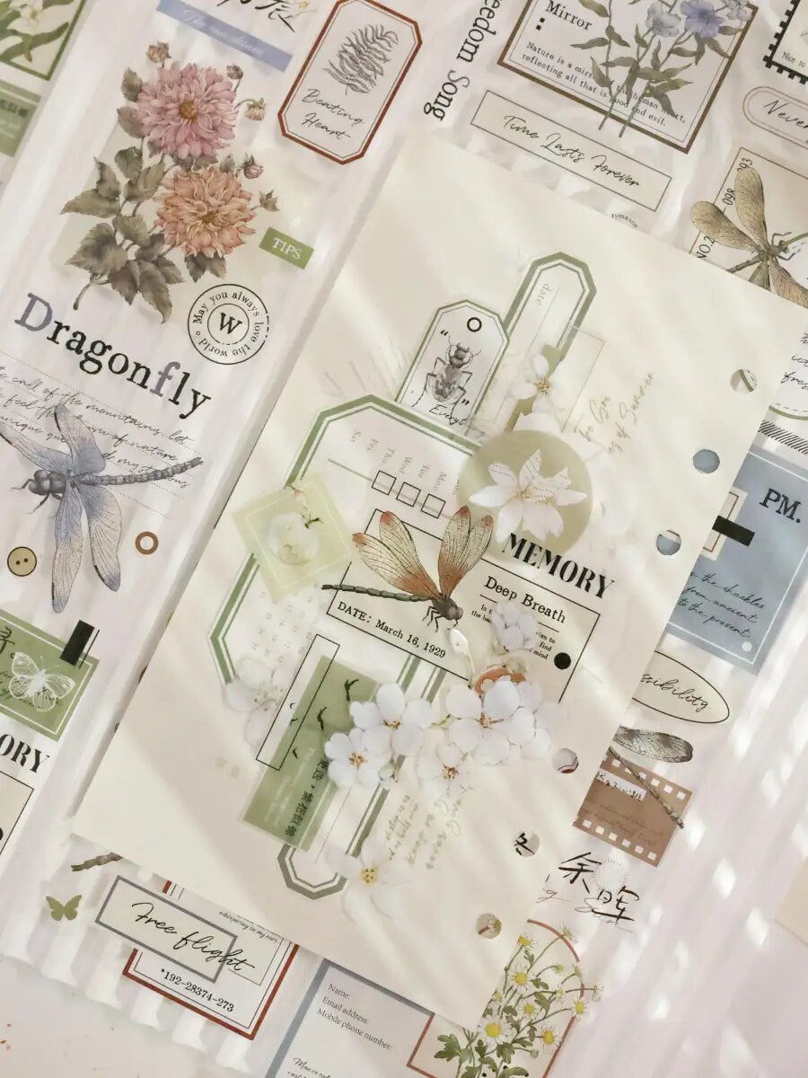 Retro Dragonfly Flower Collage PET Tape | Washi Tape | Decorative Tapes Stickers | Planner Junk Journal Craft Collage Scrapbooking Supplies