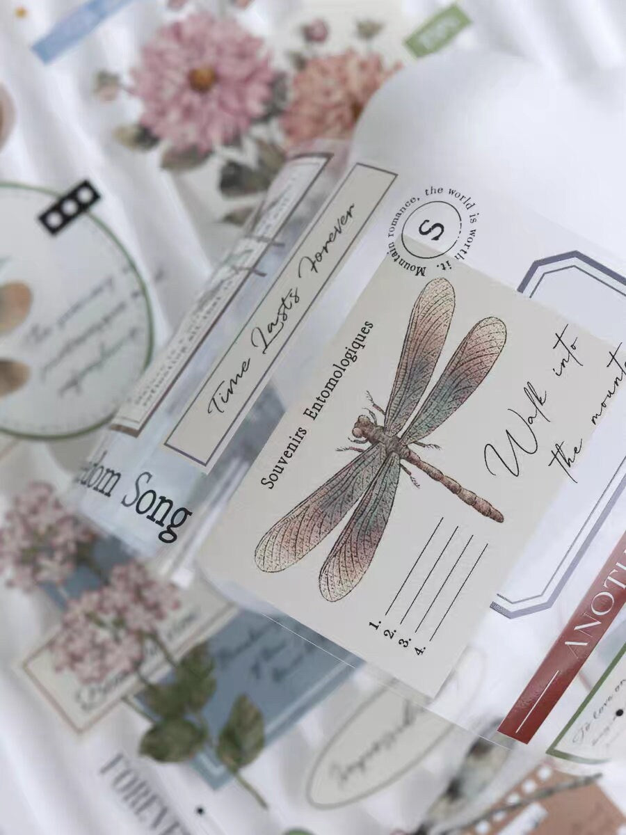 Retro Dragonfly Flower Collage PET Tape | Washi Tape | Decorative Tapes Stickers | Planner Junk Journal Craft Collage Scrapbooking Supplies