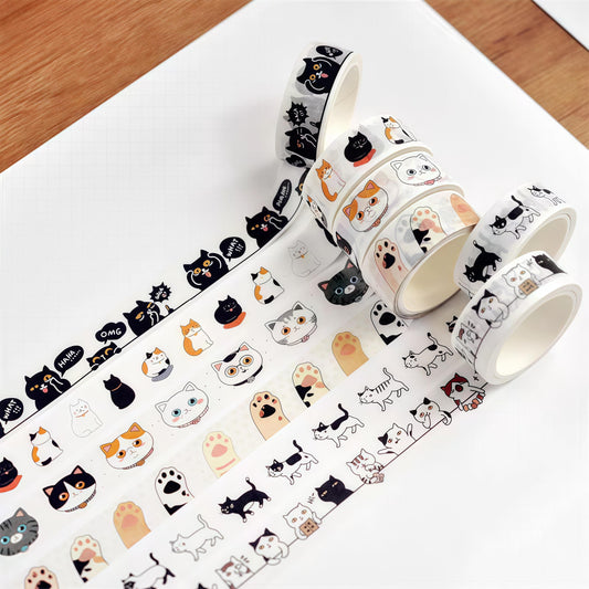 Kawaii Black Cat Washi Tape |  Cat Kitten Decorative Tape | Cow Cat Cat Paw | Scrapbooking Kids Craft Supplies | Essential for Planners Bujo